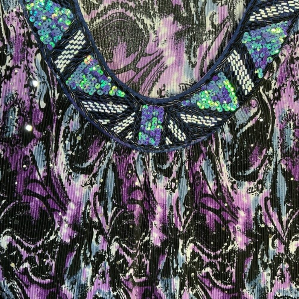 Essentials Sequin Top Beaded Flutter Sleeve Pullover Blouse Purple Teal Plus 3X - Picture 2 of 15